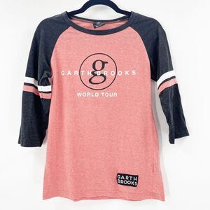 Garth Brooks World Tour Baseball Tee Womens Size S Pink Black Striped Trim